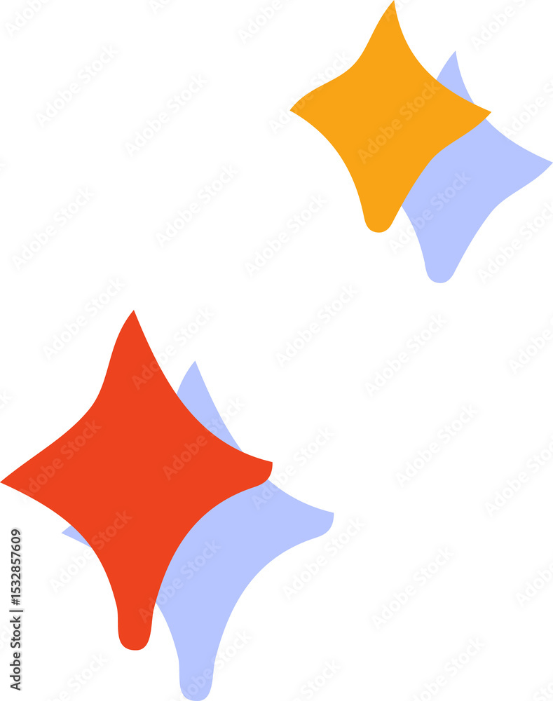 Fototapeta premium Abstract flat four-point stars are floating with red orange lavender shapes on transparent backdrop