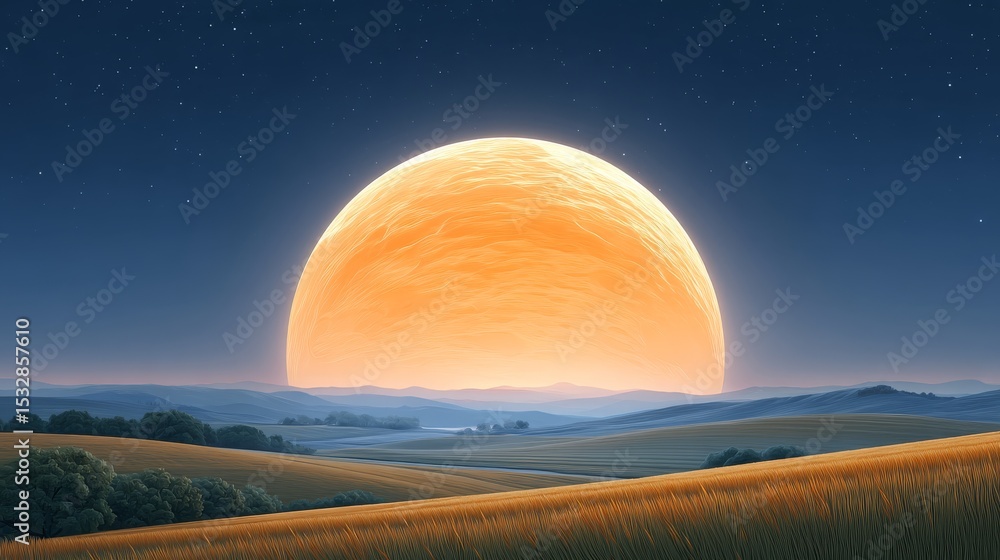 Fototapeta premium Surreal Landscape Featuring a Giant Glowing Moon Resembling Cheese Above Rolling Hills During Twilight