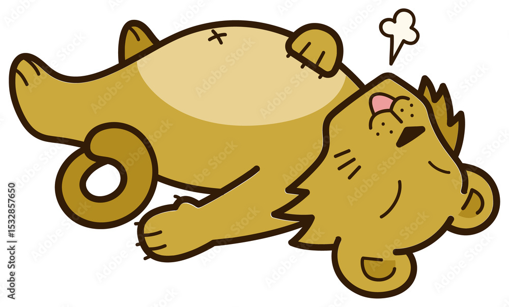 Obraz premium Cartoon lion is lying on back in flat design, emitting breath puff on transparent background