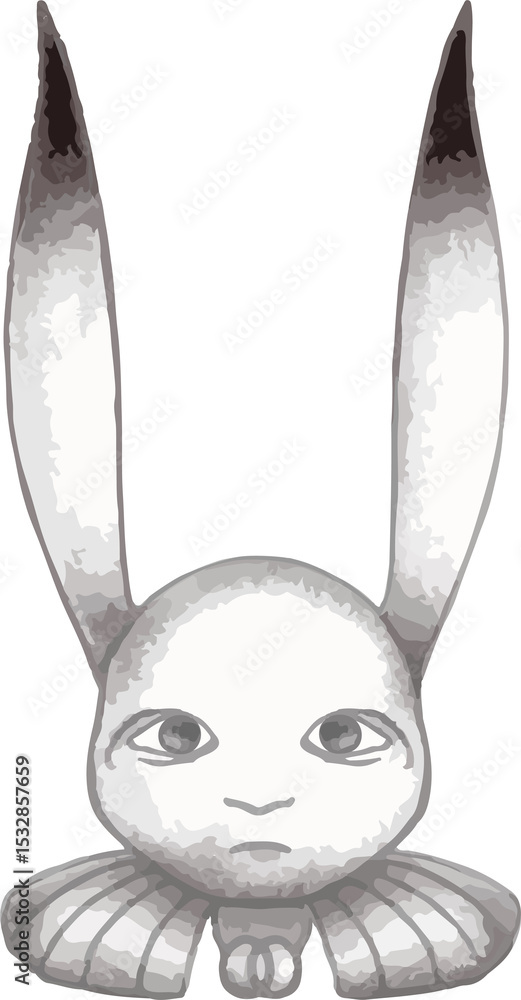 Obraz premium Grayscale rabbit head is floating on transparent background, with elongated ears and ruffle collar
