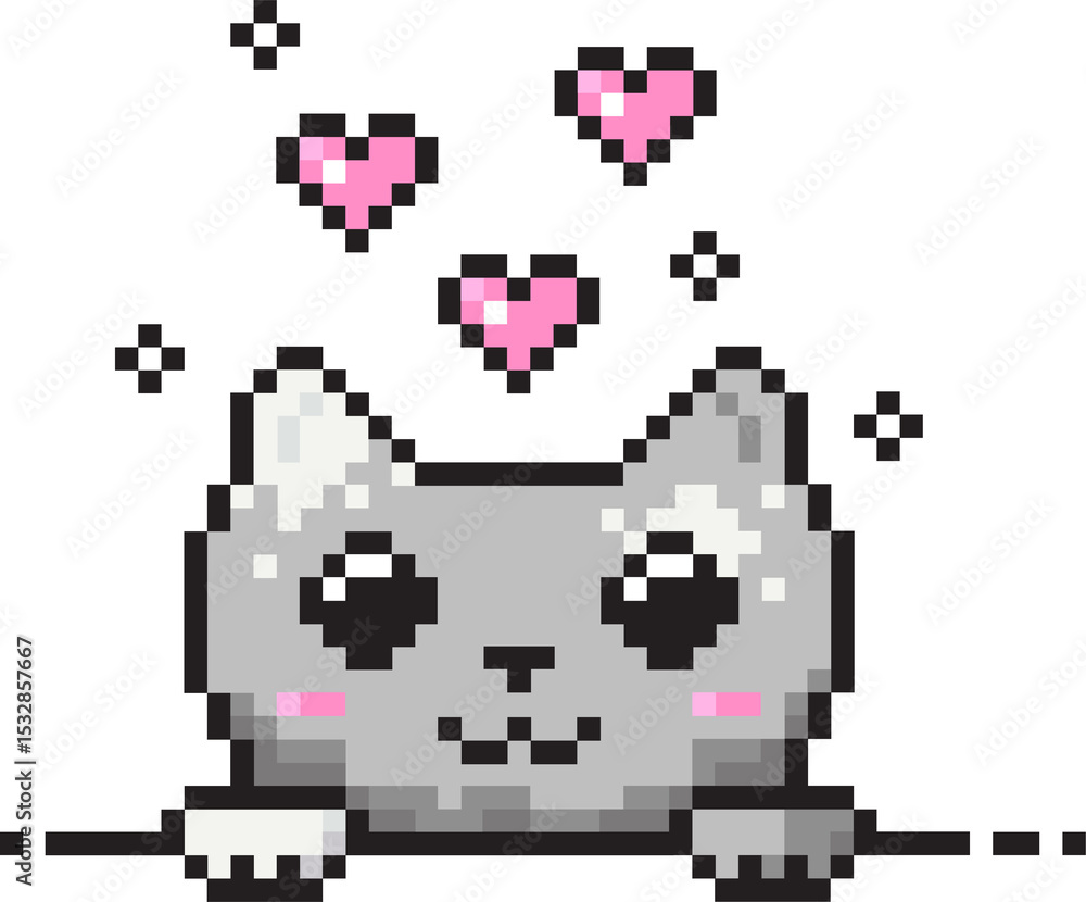 Obraz premium Gray pixel art cat peeking over ledge, pink hearts, black pixel crosses on transparent background