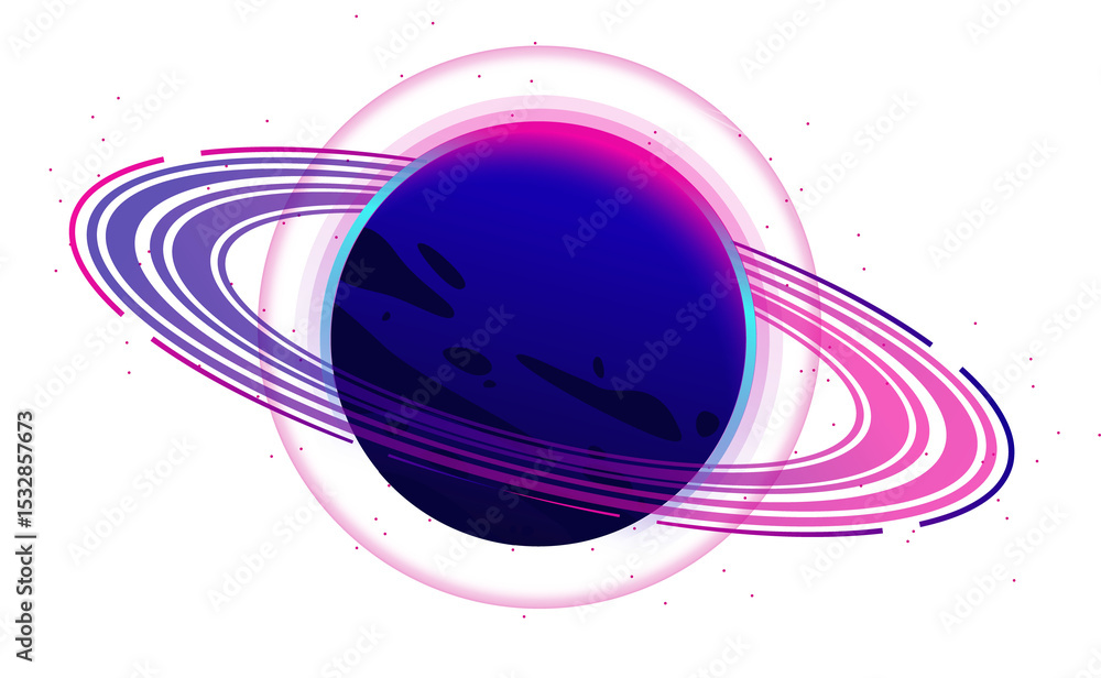 Naklejka premium Ringed neon planet is floating in flat design, dual rings and star streaks, transparent background