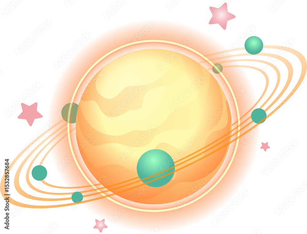 Fototapeta premium Vector art showing planet yellow core halo orange rings green orbs pink stars transparent backdrop