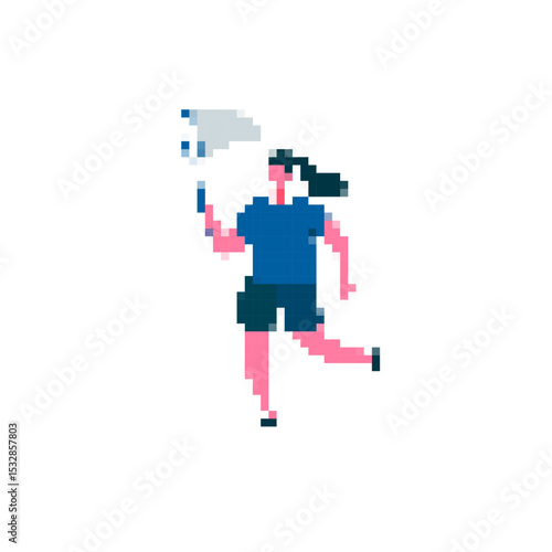 A mosaic-style pixel art showing a dynamic person running with a net, emphasizing motion.