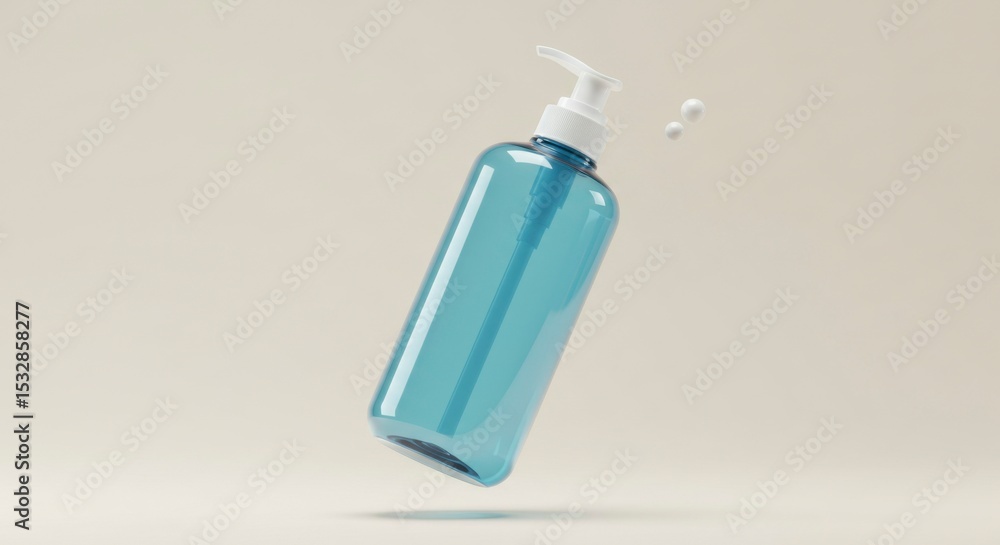Floating blue plastic bottle with white pump Floating blue plastic bottle with white pump