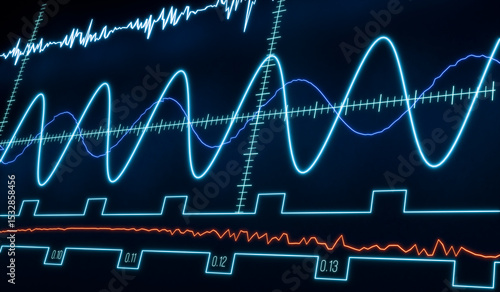Sine waves monitor, oscillators and graphs. Measuring, science, interface, radar, device screen, experiment, sine curve, mathematic, physics, digital, HUD, control. 3D illustration