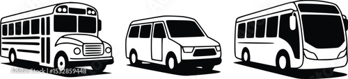 Four types of buses vector illustration school bus mini bus coach transportation design graphic, silhouette