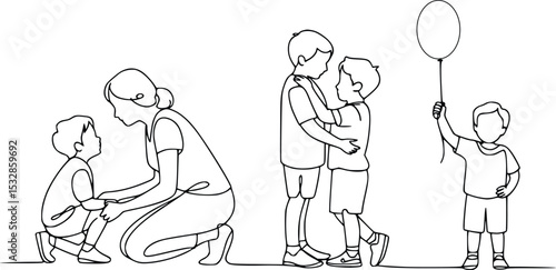 Happy children embracing playtime joy mother child sibling bonding family moments line art illustration, silhouette