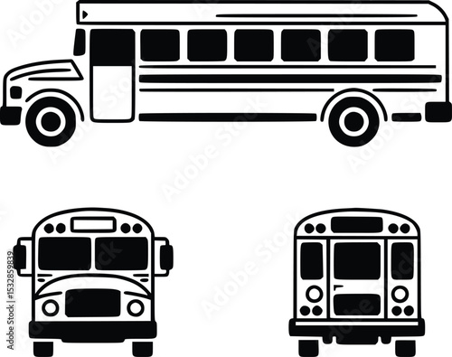 School bus illustration side front rear views black and white simple design graphic transport icon, silhouette