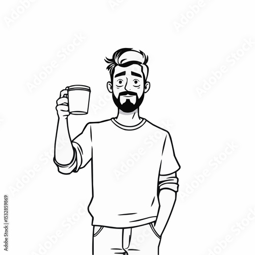 A bearded man with a coffee cup in his hands.