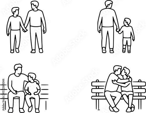 Father Son Bonding Line Art Illustrations depicting heartwarming moments of love affection and togetherness, silhouette