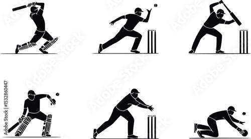 Dynamic Cricket Action Silhouettes Batsman Wicketkeeper Bowler Fielders Sports Graphic Design
