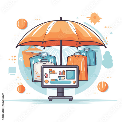 Professional Vector Illustration of a Modern Desktop Setup with Parasol for E-Commerce and Technology Concepts