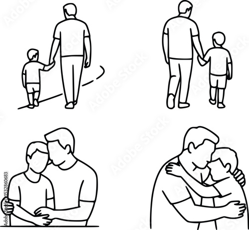 Father and Son Bonding Moments Line Art Illustration depicting heartwarming scenes of paternal affection and togetherness, silhouette