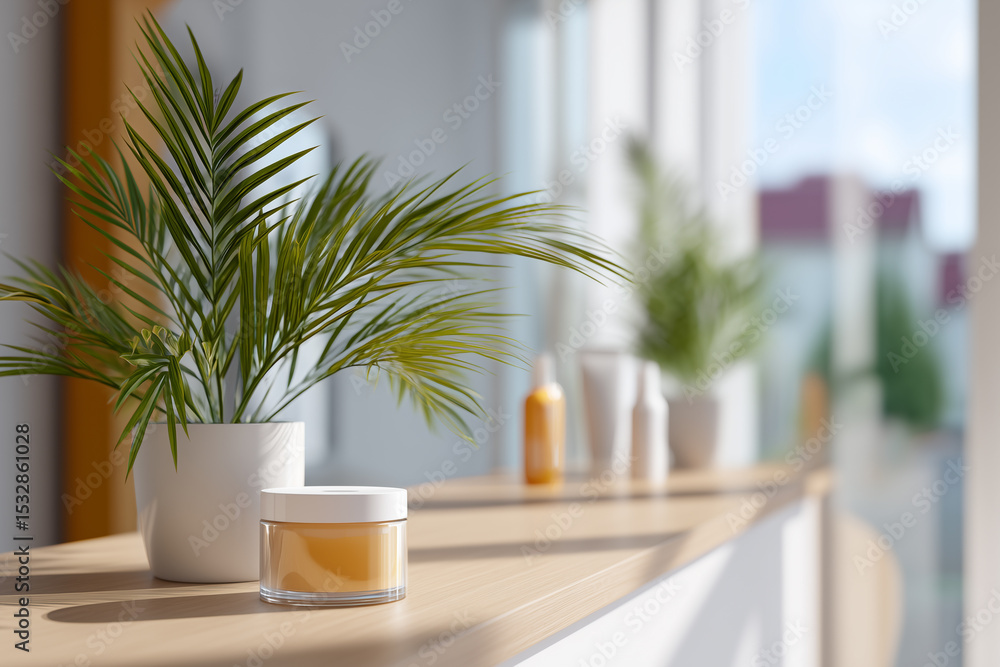 Fototapeta premium A peaceful scene features a carefully arranged collection of interior elements, highlighting the harmony of interior decor. A pot of plant on a wood table. This is a moment of calm.
