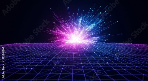 Vibrant light explosion on a gridded surface, creating a futuristic and energetic visual effect