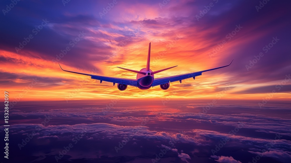 Majestic Sunset Flight: Airplane Soaring Above the Clouds Majestic Sunset Flight: Airplane Soaring Above the Clouds