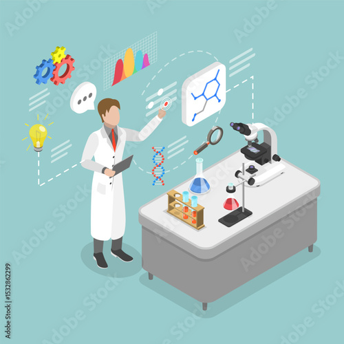 3D Isometric Flat Vector Illustration of Science Researching Lab, Scientist Using Virtual User Interface And Equipment