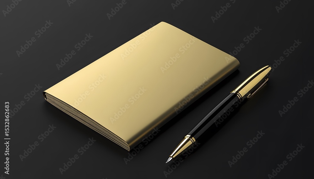 Golden notebook and pen on a dark surface. Golden notebook and pen on a dark surface.