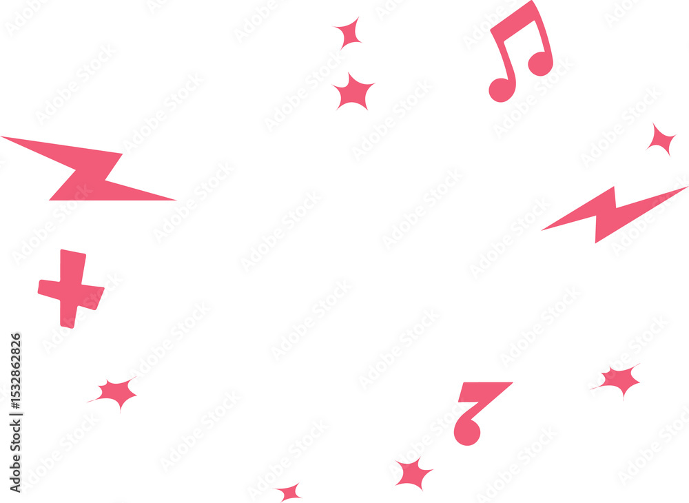 Fototapeta premium Flat pink icons are floating on clear background: lightning, stars, note, plus and stylized 7