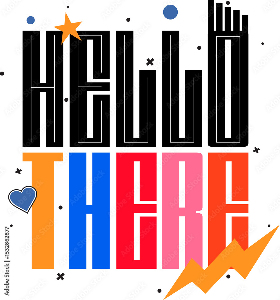 Obraz premium Flat design is showing HELLO THERE on transparent bg, orange star, blue heart and lightning bolt