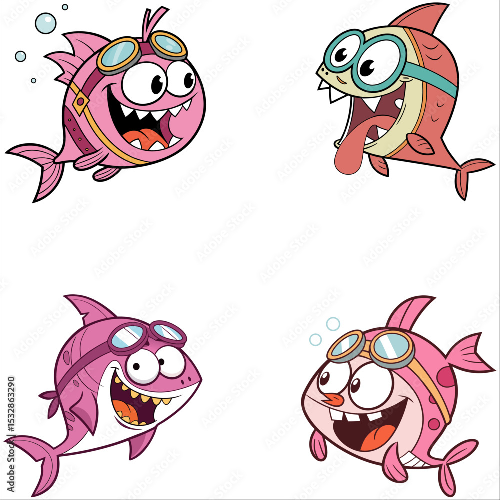 Fototapeta premium Funny cartoon animal set of cute fish character vector illustration design