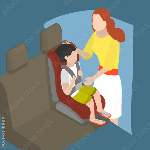 3D Isometric Flat Vector Illustration of Car Seat For Children, Mother Ensures Child Safety In Car Seat