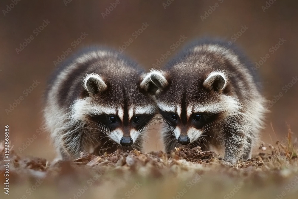 Fototapeta premium Curious raccoons scavenging the forest floor for food in the early morning, Two raccoons sniffing around ground scavenging for food