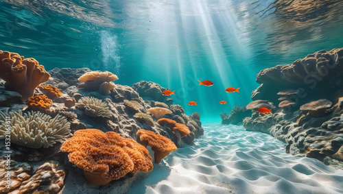 Underwater Coral Reef with Sunbeams and Fish