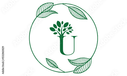 U Letter with Leaf Logo Vector