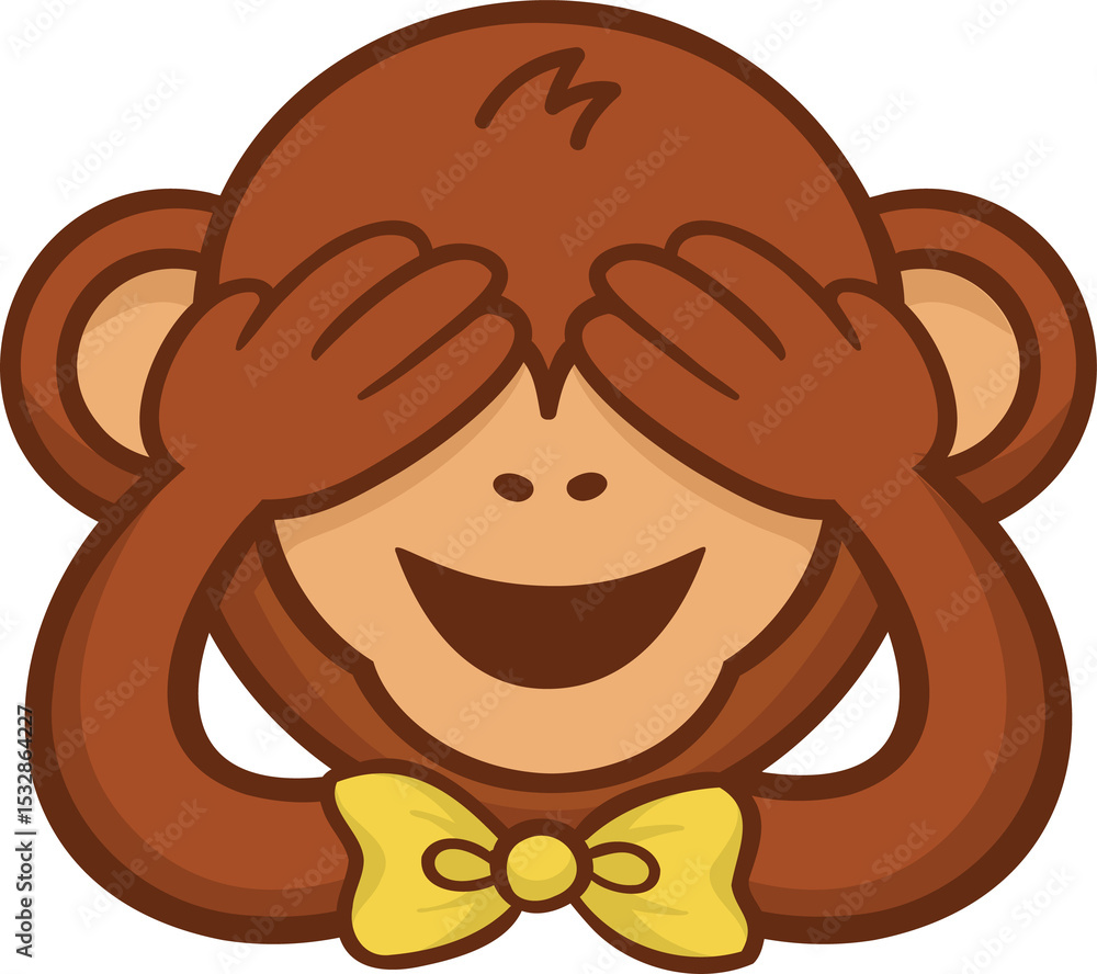 Naklejka premium Flat cartoon monkey character is covering eyes, wearing yellow bow tie on transparent background