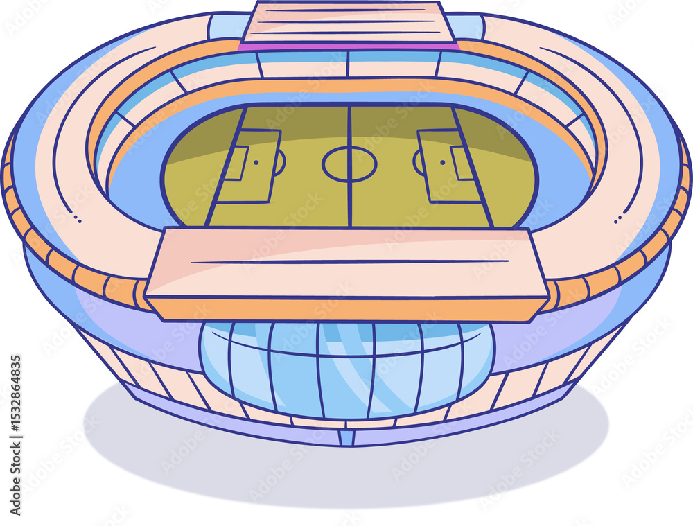 Obraz premium Cartoon-style soccer stadium is sitting on transparent backdrop, showing pitch, tiers, glass facade