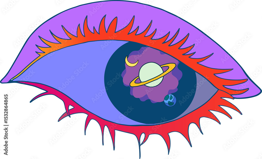 Naklejka premium Stylized eye showing violet lid, red drips and long lashes, navy iris hosting planet, transparent