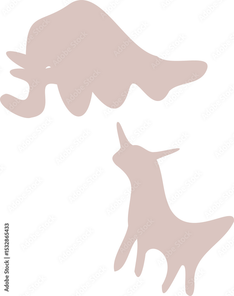 Naklejka premium Two flat rust shapes floating on transparent background, showing elephant trunk and horned animal