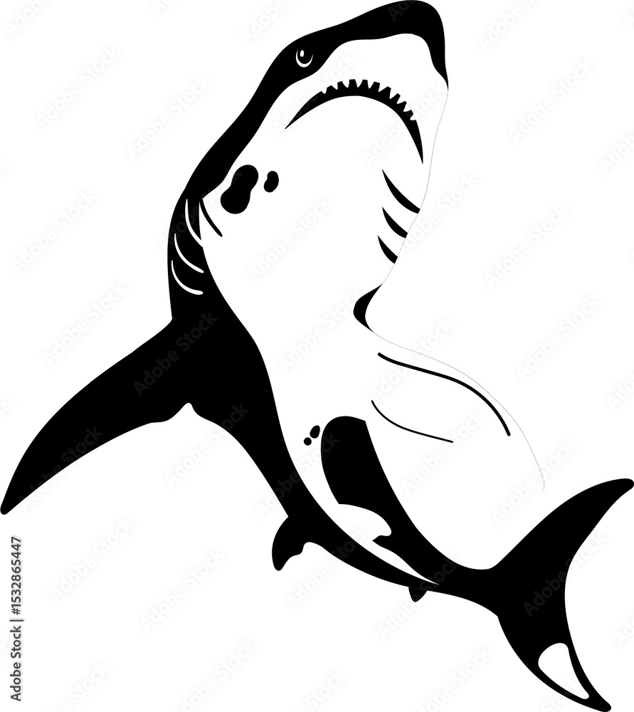 Obraz premium Featuring black-white stylized shark slanting up on transparent backdrop showing triangular teeth