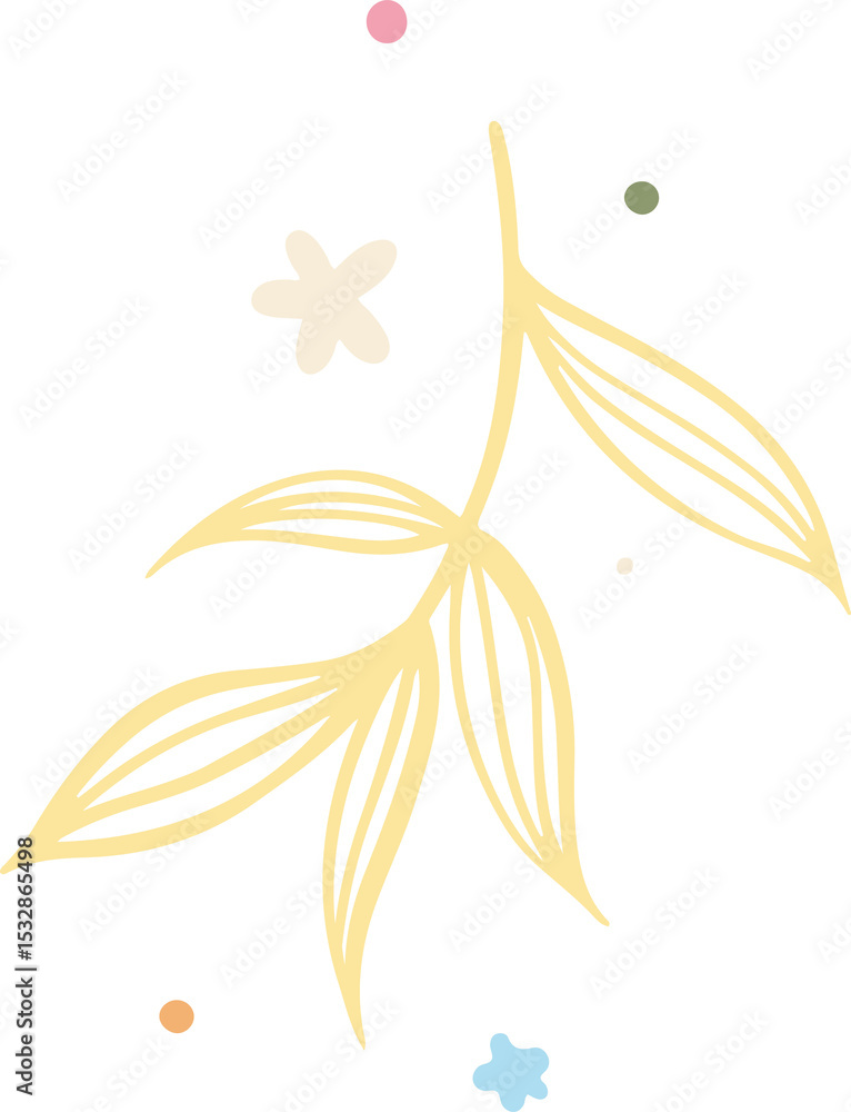Fototapeta premium Flat botanical branch is showing yellow leaves with pastel dots and stars on transparent background