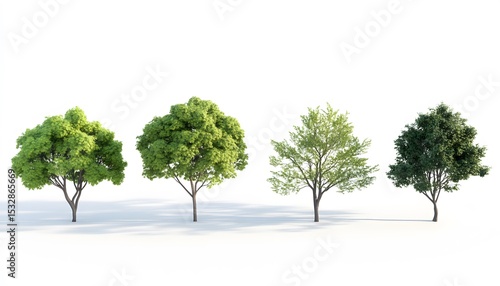 Four stylized trees with varying shades of green foliage.