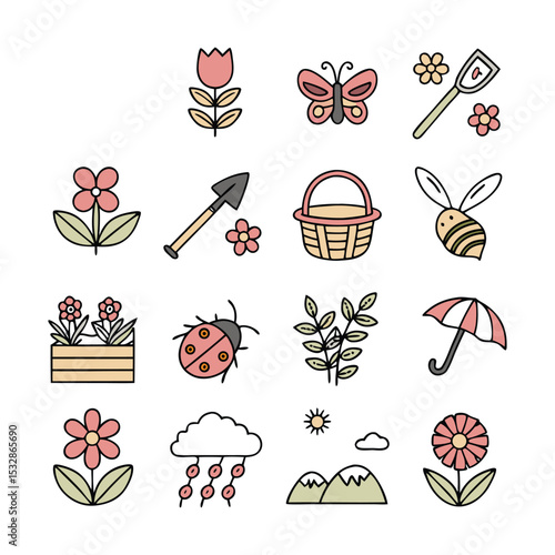 Floral and Nature Icons for Spring – Thin Line Vector Set Featuring Garden, Bloom, Bee, Butterfly, Bunny, Plant, Leaf, Clover, Picnic, and Outdoor Season Symbols