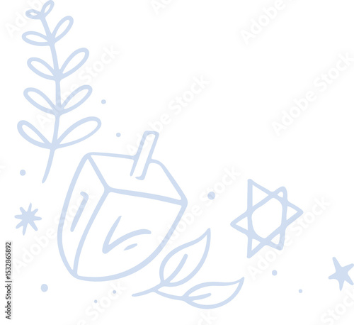 Blue art showing spinning dreidel beside leafy branch, dots and six-pointed star on clear backdrop