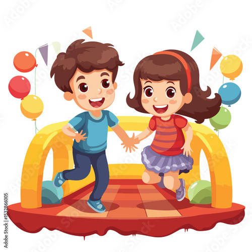Happy Children Playing and Jumping on Trampoline in Kids Zone Playground