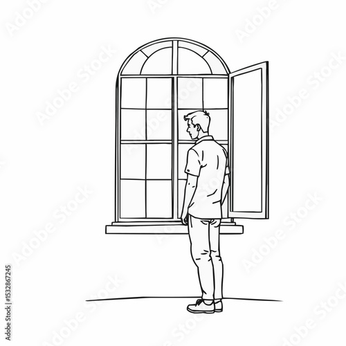 A man looks out of an arched window. 