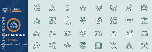 Big set of video conference line icons. Meeting, online, live, call etc. Editable stroke