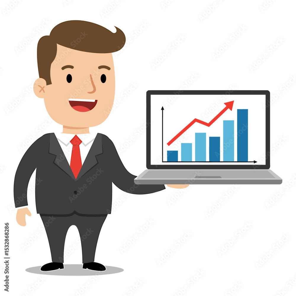 Man holding laptop displaying rising bar graph and red upwardpointing arrow Man holding laptop displaying rising bar graph and red upwardpointing arrow