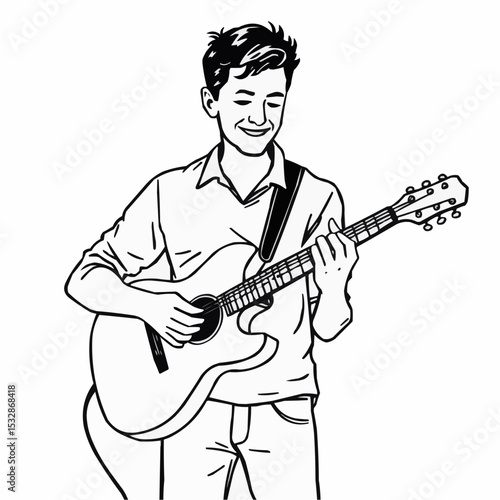 A young man is playing an acoustic guitar.
