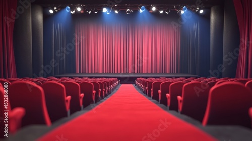 Red velvet seats in empty theater with curtains for dramatic stage performance entertainment venue photography setup