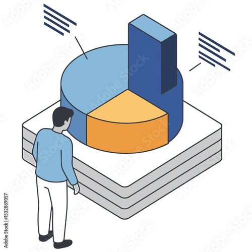 A person stands near a pie chart on a multilayered platform