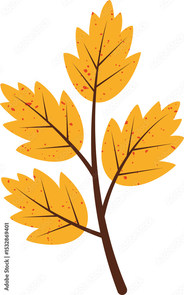 Fototapeta premium Stylized branch is showing five red-speckled yellow leaves with brown veins, transparent background