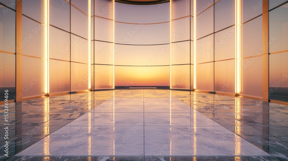 Fototapeta premium Modern interior with sunset view and elegant design.