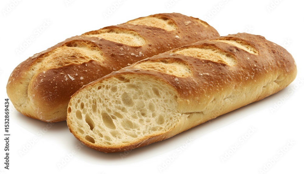 Two loaves of crusty bread, one sliced. Two loaves of crusty bread, one sliced.