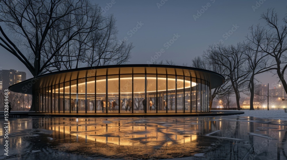Modern circular building illuminated at night Modern circular building illuminated at night